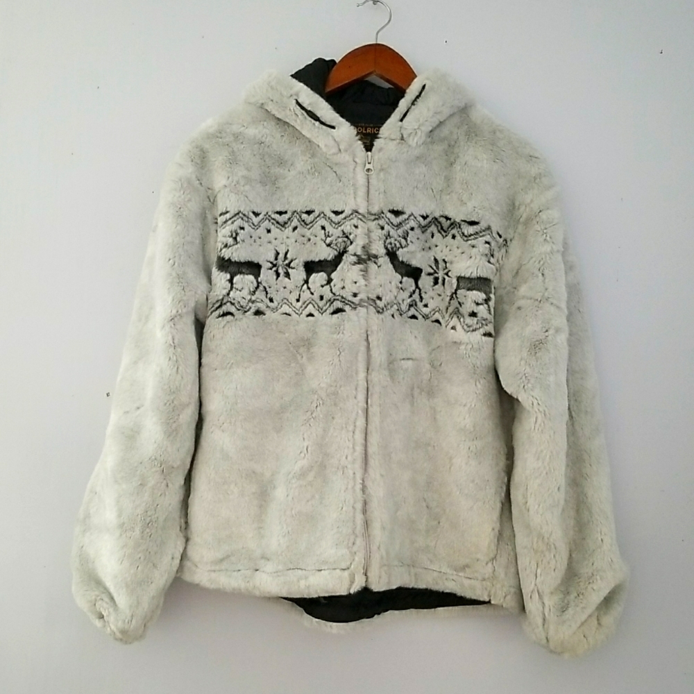 Woolrich Silver Fleece Hoodie Jacket w/ Reindeer Pattern